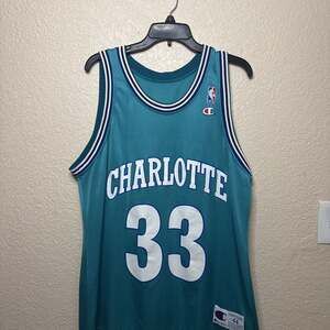 Vintage 90s Champion Charlotte Hornets Alonzo Mourning Jersey Size 48 NBA